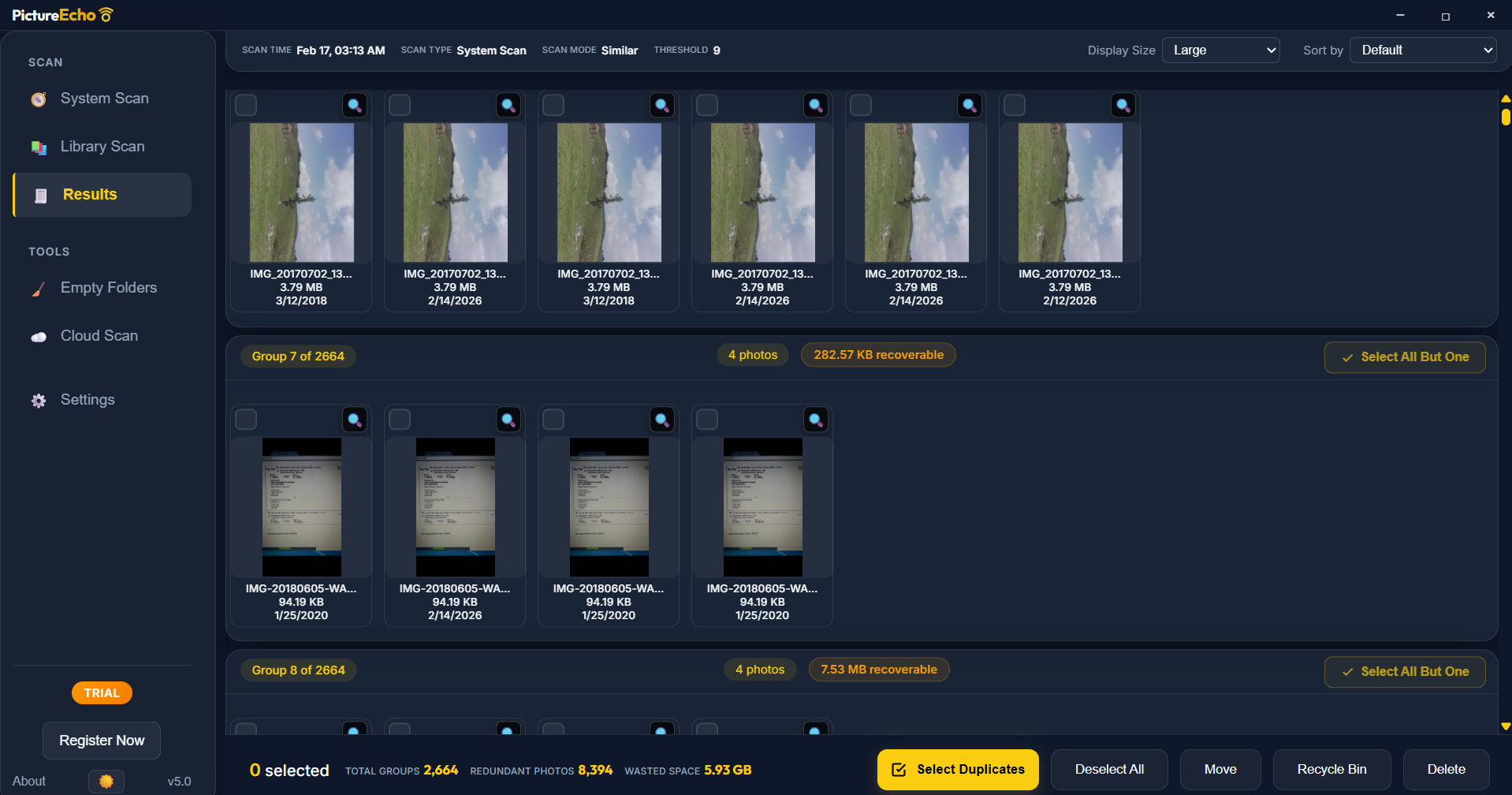 Results screen: grouped duplicates, Select All But One, Move, Trash, Delete