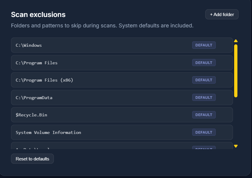 Scan exclusions settings - folders and patterns to skip, system defaults included