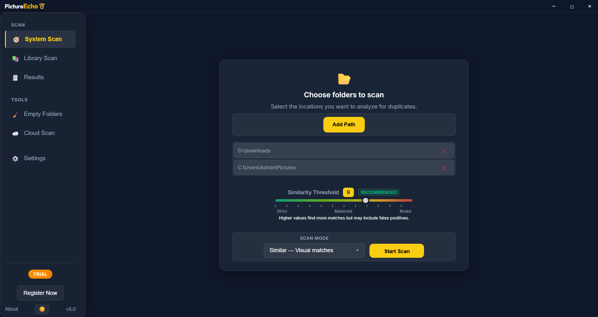 System Scan screen: choose folders, similarity slider Strict to Broad, Similar or Exact mode