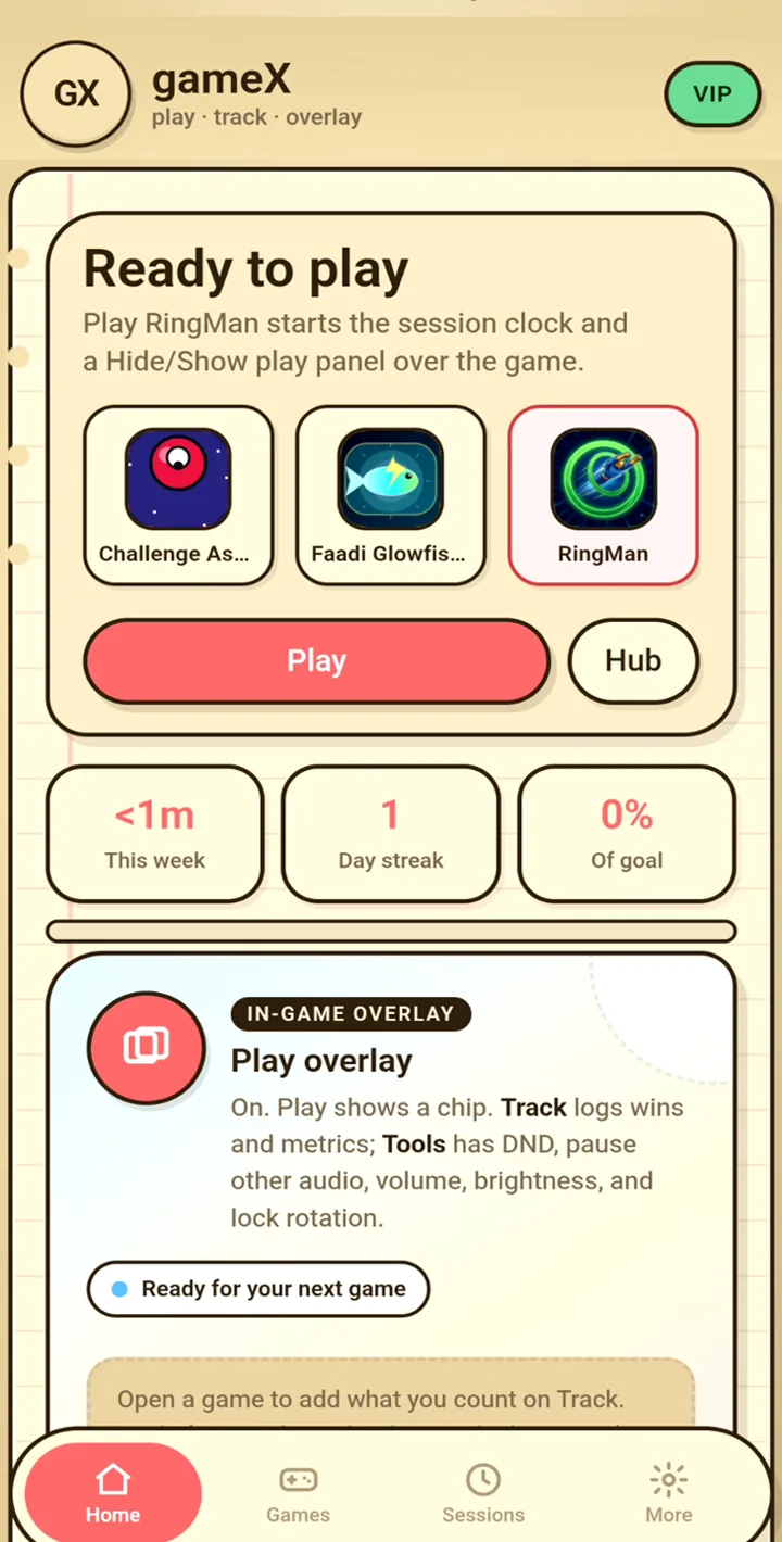 gameX Home with game chips, Play, this week’s time, and the Play overlay card