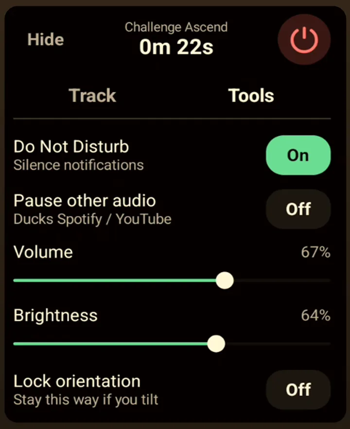 gameX Play overlay Tools tab with Do Not Disturb, volume, brightness, and orientation lock