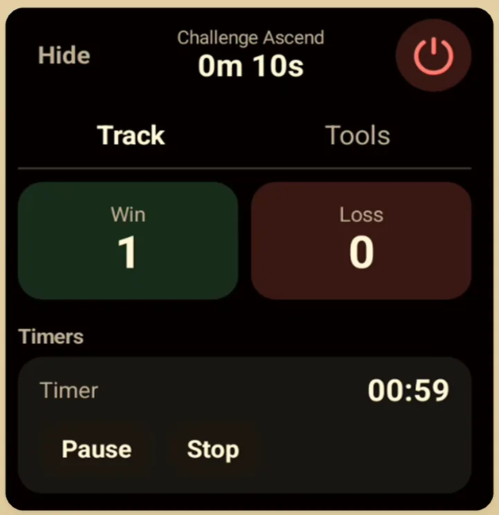gameX Play overlay Track tab with the session clock, Win, Loss, and a timer